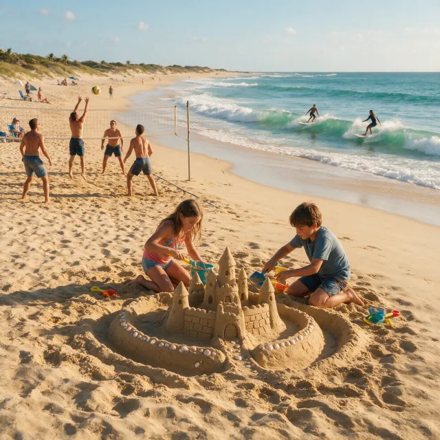 A beach scene: adults playing volleyball, kids building sandcastles, and surfers riding… - Takumi 1