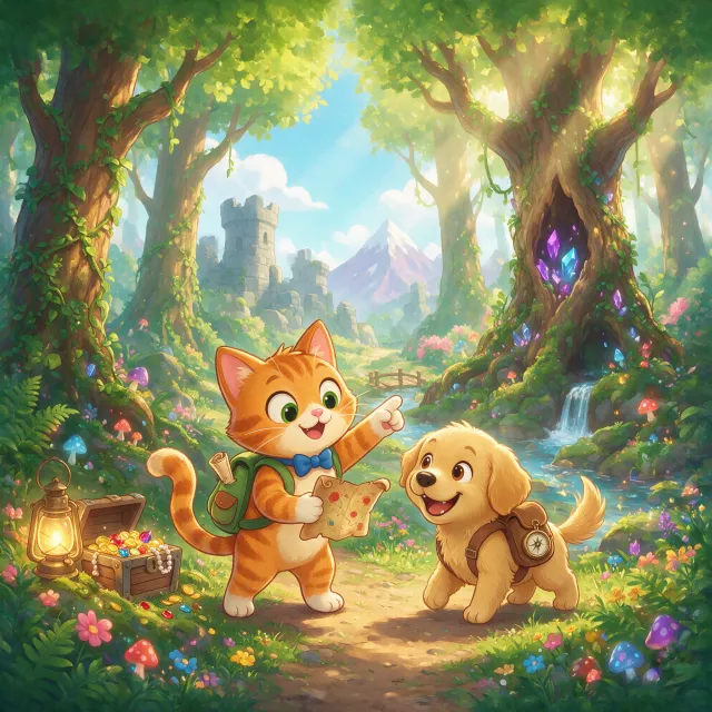 A cartoon of a cat and a dog on an adventure, drawn in a colorful 2D style. - Takumi 1