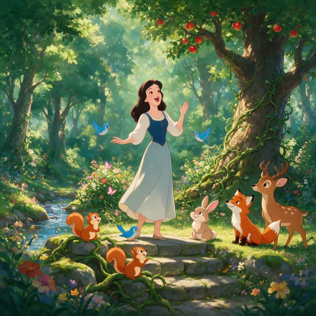 A classic Disney-like 2D cartoon princess singing with animals in a forest. - Takumi 1