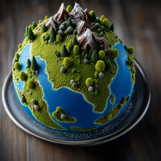 A dessert cake that looks like a tiny planet, complete with miniature trees and… - Takumi 1
