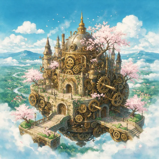 A floating steampunk castle in the sky with intricate mechanical gears and cherry blossom… - Takumi 1