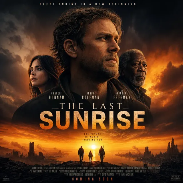 A movie poster for a fictional film titled "The Last Sunrise". Dramatic Hollywood design… - Takumi 1