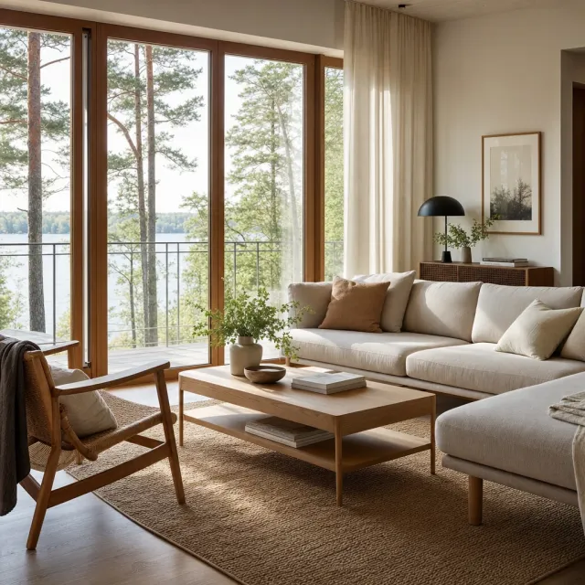A photorealistic interior of a modern Scandinavian-style living room with natural light streaming through floor-to-ceiling windows. Show detailed wood textures, fabric materials, and proper light reflections. - Takumi 1