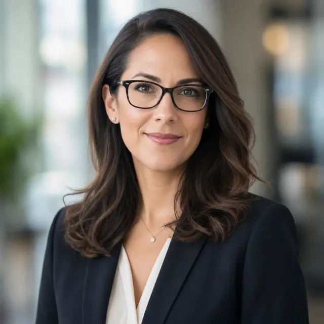 A professional headshot of a businesswoman wearing glasses, against a blurred background. - Takumi 1