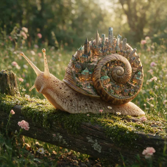 A snail whose shell contains a miniature city skyline, depicted in a hyperrealistic macro… - Takumi 1