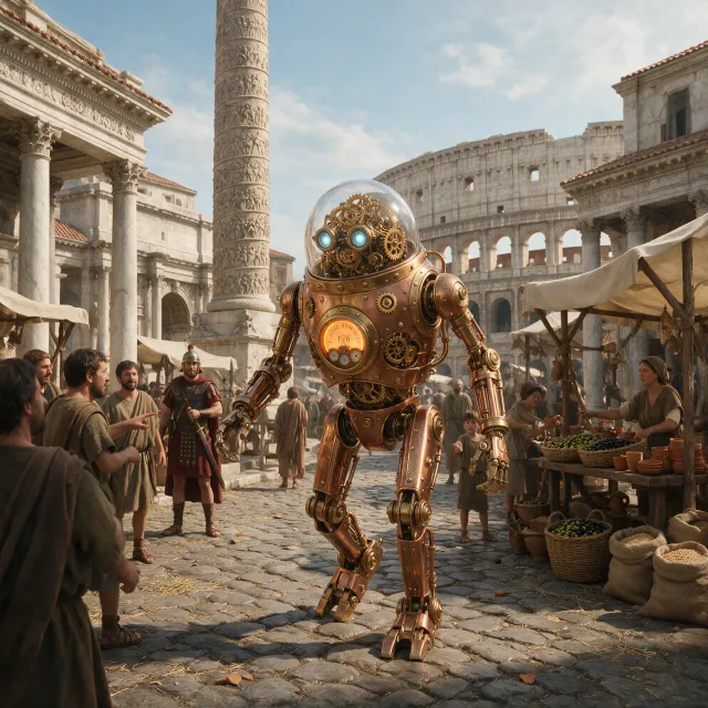 A steampunk robot time-traveling in ancient Rome, depicted in a detailed cinematic style that blends historical accuracy with copper and brass retrofuturistic aesthetics. - Takumi 1