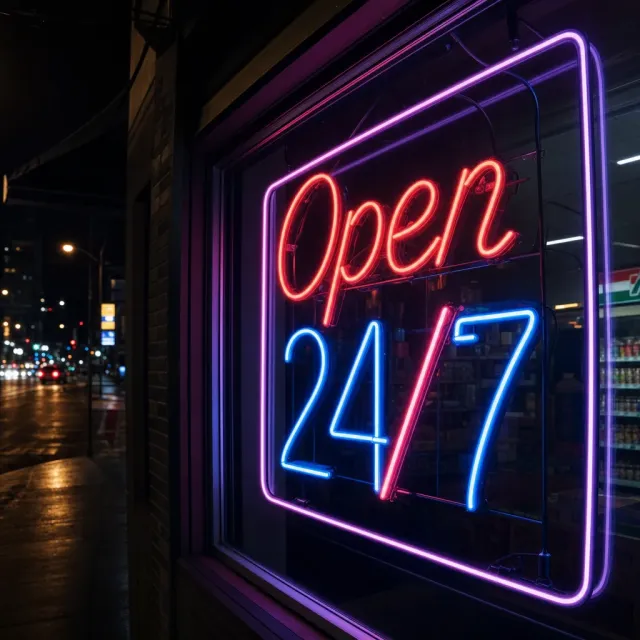 A storefront sign that says "Open 24/7" in neon lights, nighttime urban photography. - Takumi 1