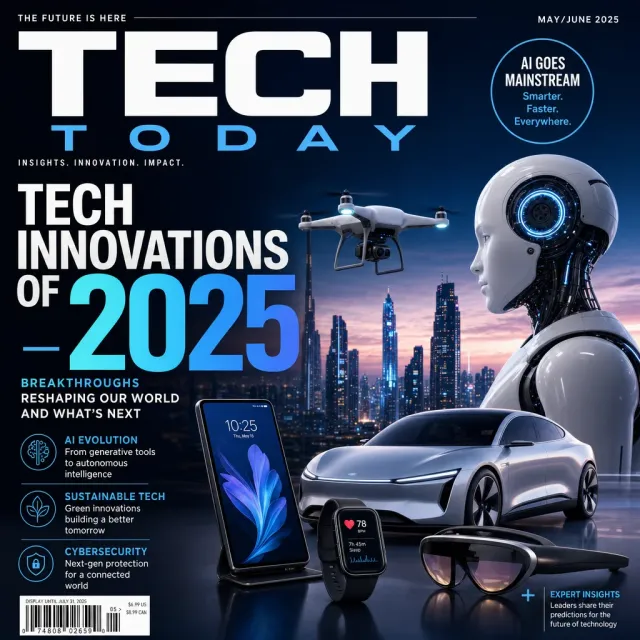 A technology magazine cover featuring the headline "Tech Innovations of 2025," clean… - Takumi 1