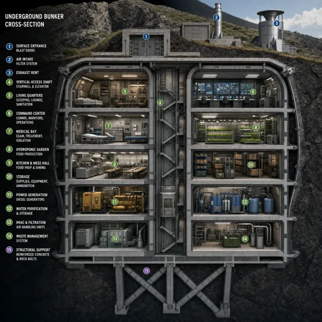 Cross-section rendering of a multi-level underground bunker with different functional… - Takumi 1