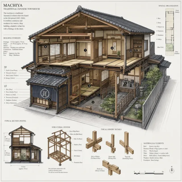 Cutaway architectural drawing of a traditional Japanese machiya townhouse showing all… - Takumi 1