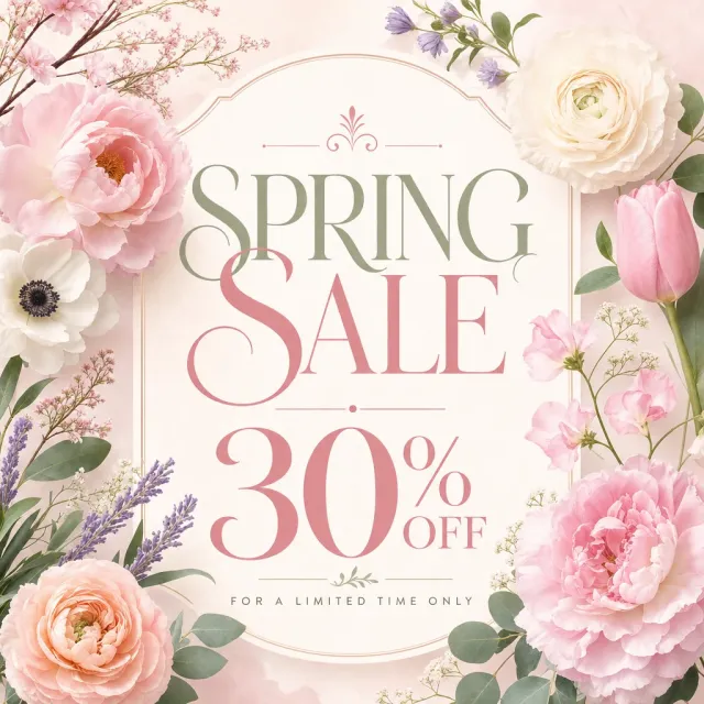 Instagram post graphic: 'SPRING SALE 30% OFF'. Floral background, pastel colors, elegant serif font style visually integrated. - Takumi 1