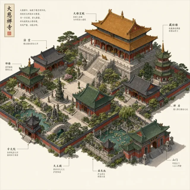 Isometric architectural illustration of an ancient Chinese temple complex showing… - Takumi 1