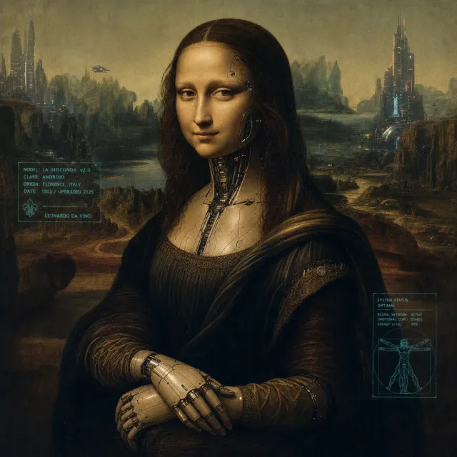 The Mona Lisa reimagined as a futuristic android, rendered in a digital art style that… - Takumi 1