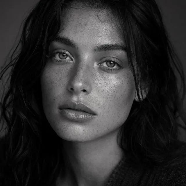 A black and white close-up portrait of a freckled woman with an intense gaze. - Reve 2.1
