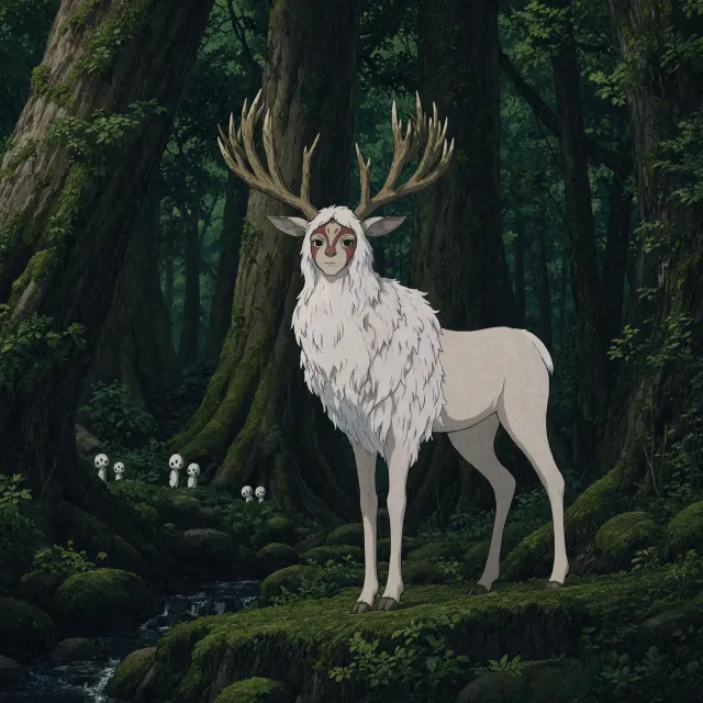 A forest spirit standing among tall trees. Replicate the artistic style of 'Princess… - Reve 2.1