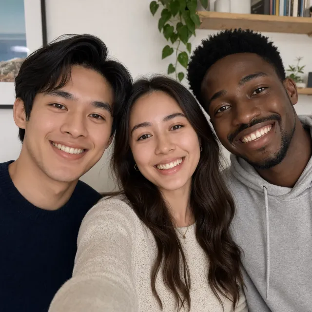 A group selfie of three friends of different ethnic backgrounds smiling at the camera - Reve 2.1