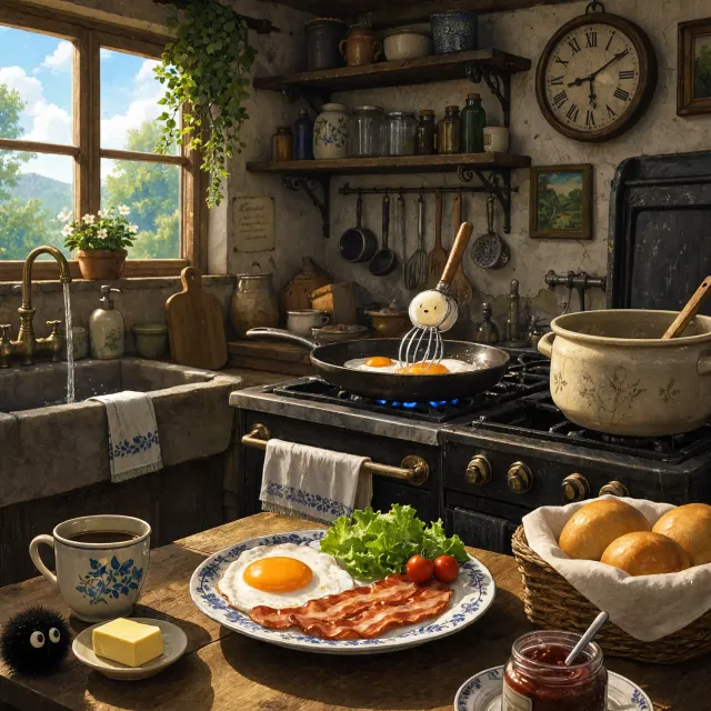 A kitchen with magical cooking implements preparing breakfast. Duplicate the artistic… - Reve 2.1