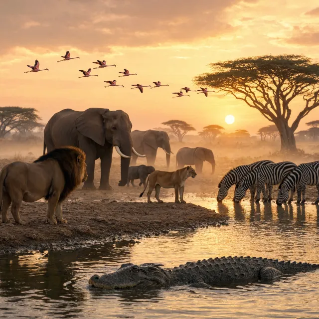 A misty dawn at an African savanna watering hole where elephants, lions, and zebras coexist in tense harmony, with a crocodile partially submerged in the foreground and flamingos taking flight in the background, golden hour lighting. - Reve 2.1