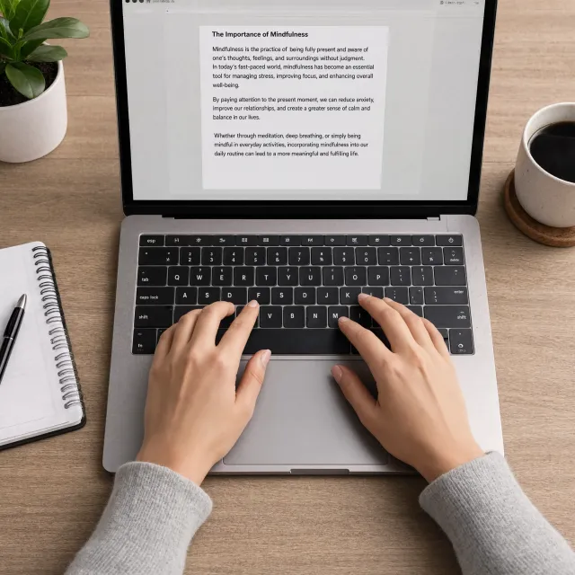 A person typing on a laptop keyboard, showing both hands on the keys. - Reve 2.1