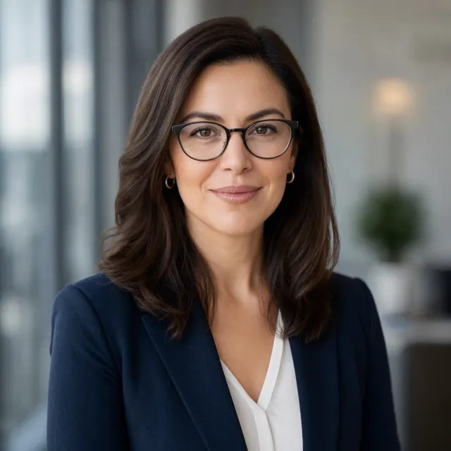 A professional headshot of a businesswoman wearing glasses, against a blurred background. - Reve 2.1