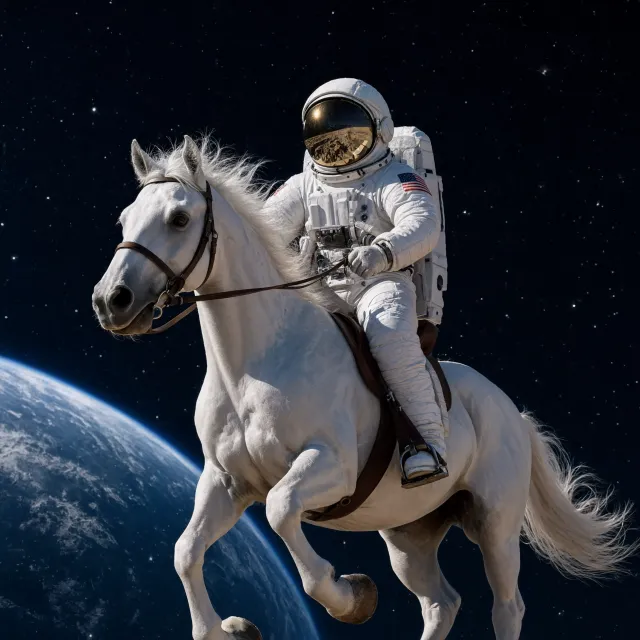 A realistic astronaut being ridden by a horse, photorealistic depiction in outer space with accurate lighting and proportions - Reve 2.1