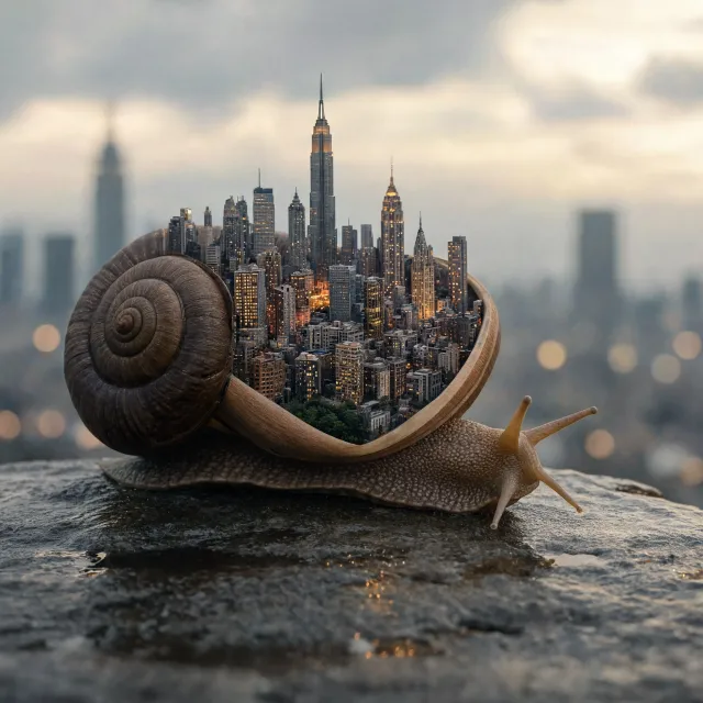 A snail whose shell contains a miniature city skyline, depicted in a hyperrealistic macro photography style with intricate architectural details and ambient lighting. - Reve 2.1