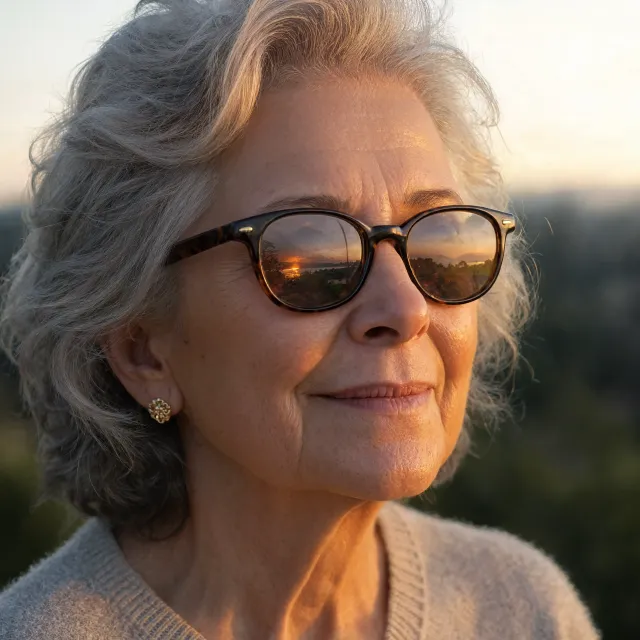 A ultra high-resolution portrait of an elderly woman with silver hair and bifocal… - Reve 2.1