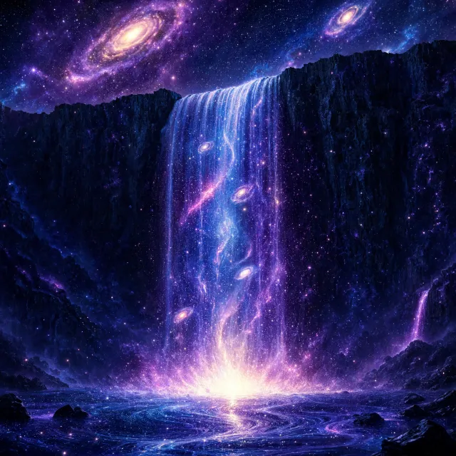 A waterfall that pours out stars and galaxies instead of water, illustrated in a cosmic fantasy style with vibrant space colors and dramatic lighting effects. - Reve 2.1