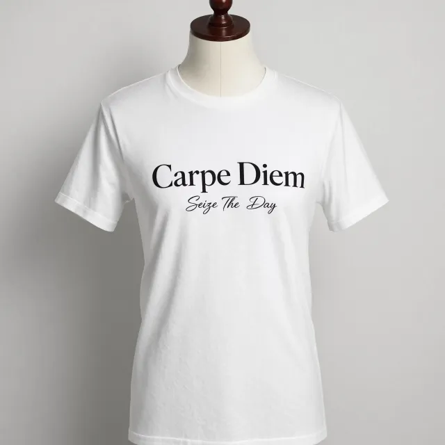 A wrinkled white T-shirt with "Carpe Diem" in bold serif font and "Seize The Day" in smaller script below it, modeled on a mannequin, professional product photography with soft-box lighting. - Reve 2.1