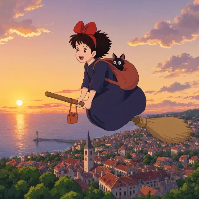 A young witch flying on a broomstick above a coastal town at sunset. Exact art style of 'Kiki's Delivery Service' by Studio Ghibli, with Miyazaki's character design and warm colors. - Reve 2.1