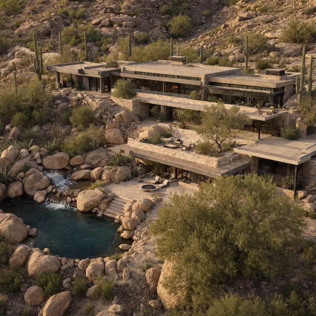 Aerial view of a modernist desert home, in the style of Frank Lloyd Wright's Fallingwater but adapted to desert conditions. Show integration with rocky landscape and water features. - Reve 2.1