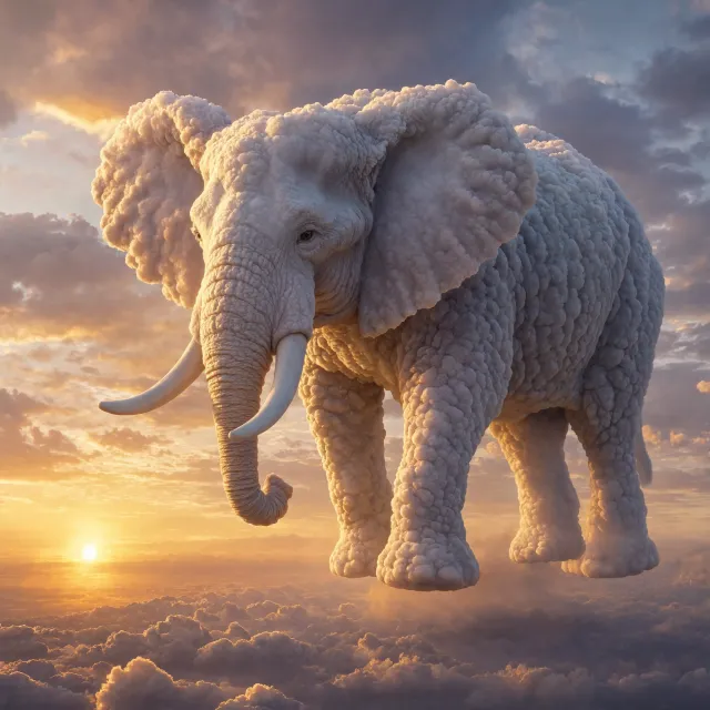 An elephant made of clouds floating in a sunset sky, rendered in a surrealist… - Reve 2.1