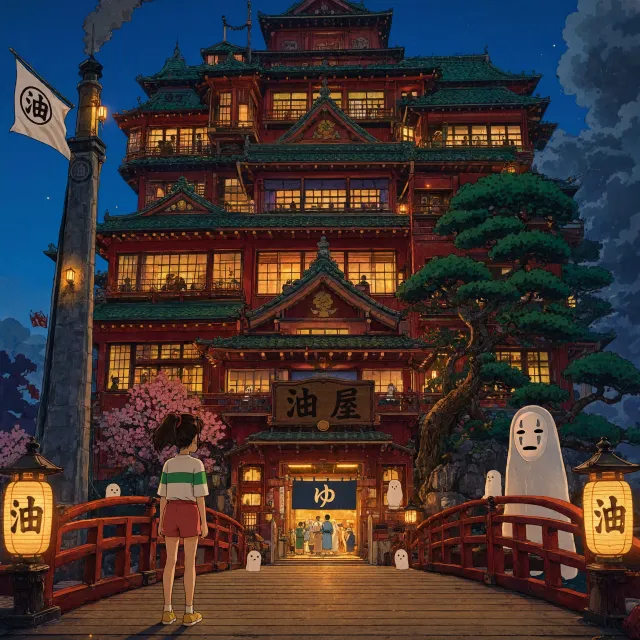 An enchanted bathhouse with glowing lanterns and spirits. Recreate the visual style of… - Reve 2.1