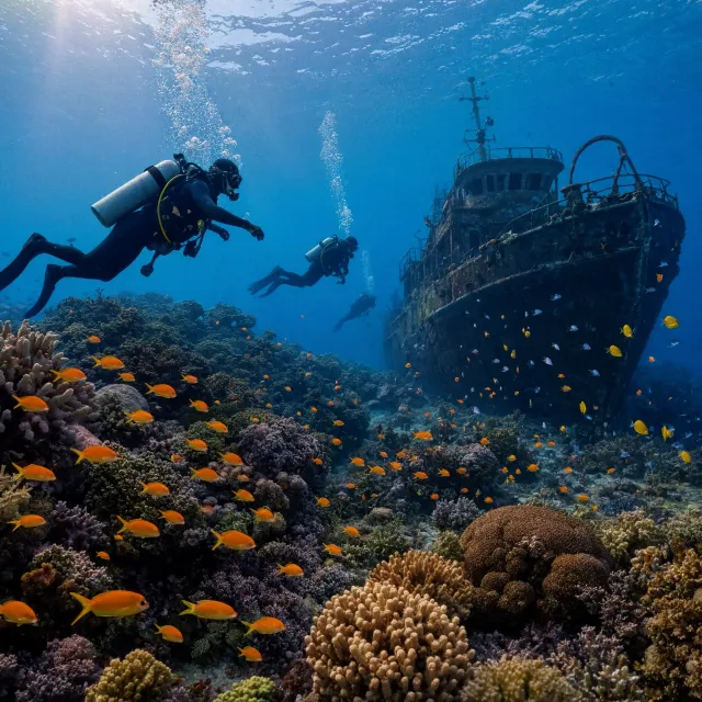 An underwater scene with scuba divers exploring a coral reef alongside colorful fish and… - Reve 2.1