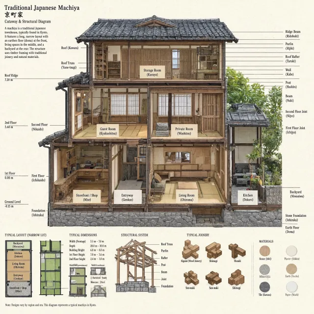 Cutaway architectural drawing of a traditional Japanese machiya townhouse showing all rooms and structural elements. Include accurate proportions, traditional joinery, and typical spatial organization. - Reve 2.1