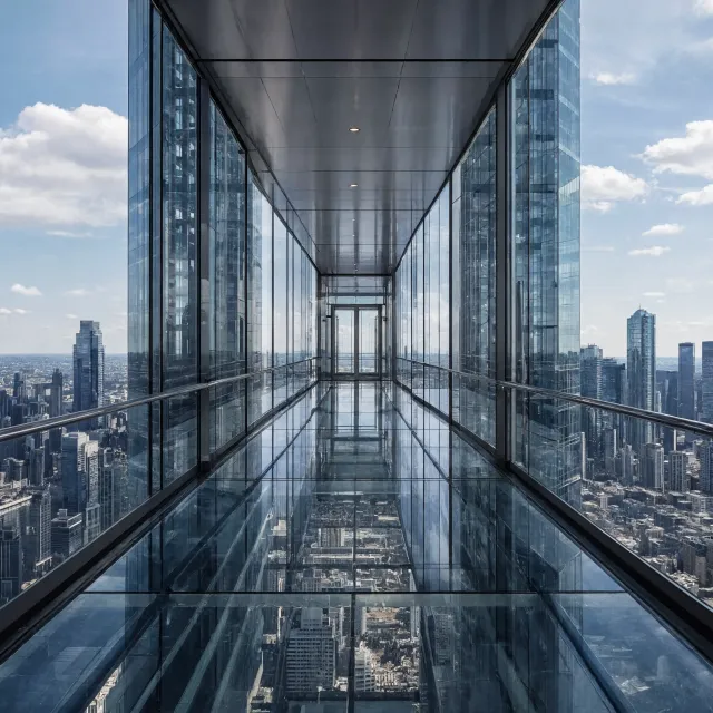 Photorealistic rendering of a contemporary glass skybridge between two skyscrapers, seen from inside with city views visible through glass walls and floor. Show accurate reflections and structural details. - Reve 2.1