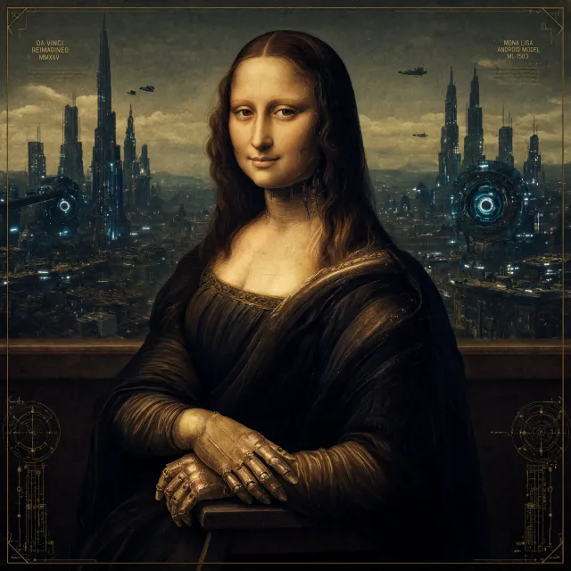 The Mona Lisa reimagined as a futuristic android, rendered in a digital art style that… - Reve 2.1