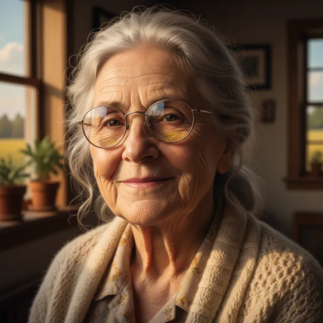 A ultra high-resolution portrait of an elderly woman with silver hair and bifocal… - Google Nano Banana (2.5 Flash)