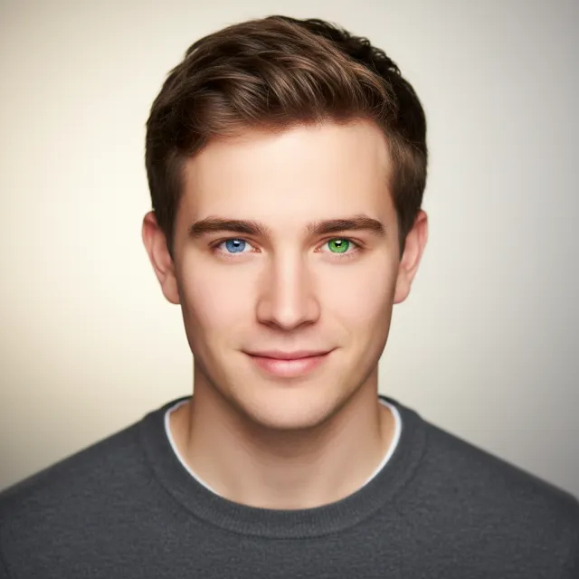 A studio headshot of a young man with one blue eye and one green eye (heterochromia) - Google Nano Banana (2.5 Flash)