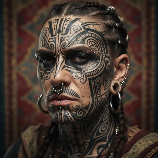 A portrait of a person with elaborate facial tattoos and piercings, shown in sharp detail - Google Nano Banana (2.5 Flash)