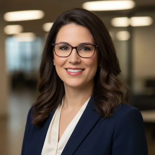 A professional headshot of a businesswoman wearing glasses, against a blurred background - Google Nano Banana (2.5 Flash)