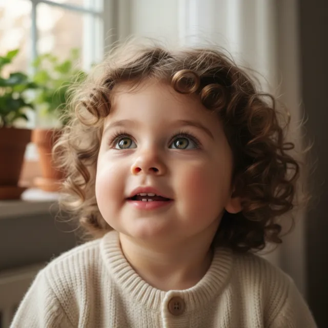 A hyper-realistic photo of a toddler with curly hair and big eyes, looking upward - Google Nano Banana (2.5 Flash)