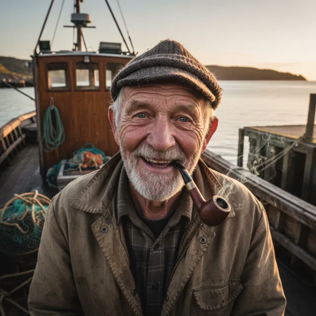 A 4K photo of an old fisherman with a weathered face and a pipe, grinning. - Nano Banana (2.5 Flash)