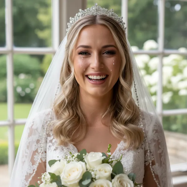 A bride on her wedding day, smiling with tears of joy in her eyes - Google Nano Banana (2.5 Flash)
