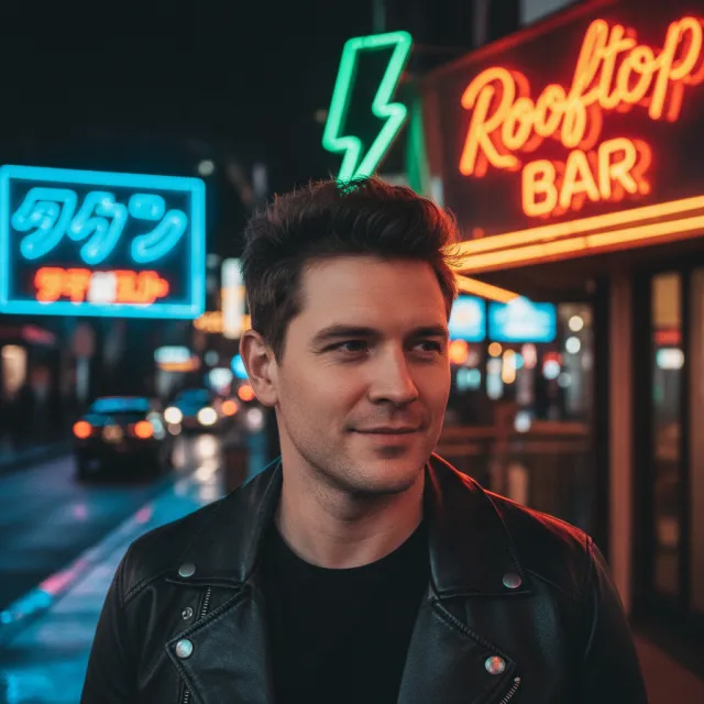 A nighttime portrait of a man lit by neon signs on a city street - Google Nano Banana (2.5 Flash)