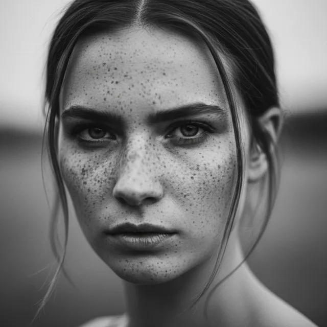 A black and white close-up portrait of a freckled woman with an intense gaze - Google Nano Banana (2.5 Flash)