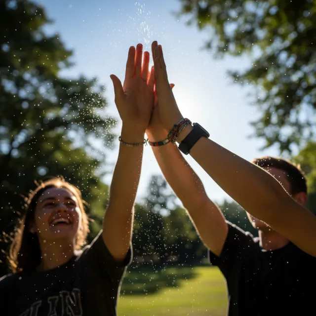 Two people high-fiving, with focus on their hands meeting mid-air. - Nano Banana (2.5 Flash)