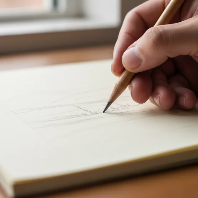 A hand drawing a sketch on paper with a pencil, the hand and pencil tip in clear focus - Google Nano Banana (2.5 Flash)
