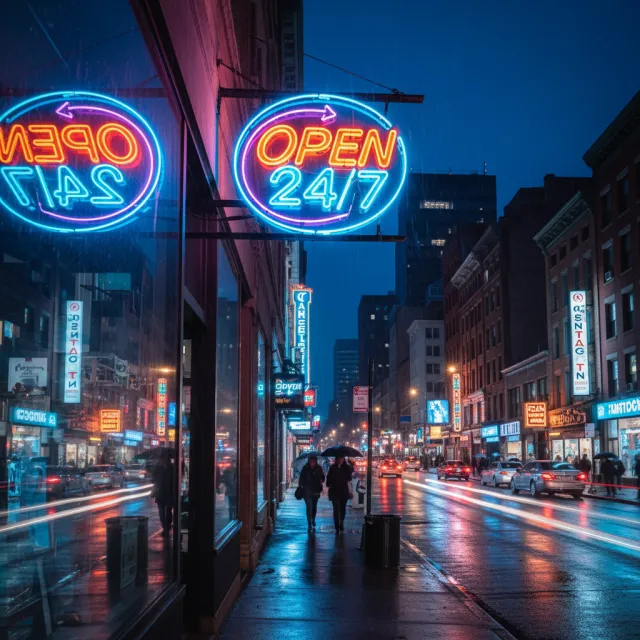 A storefront sign that says "Open 24/7" in neon lights, nighttime urban photography. - Nano Banana (2.5 Flash)