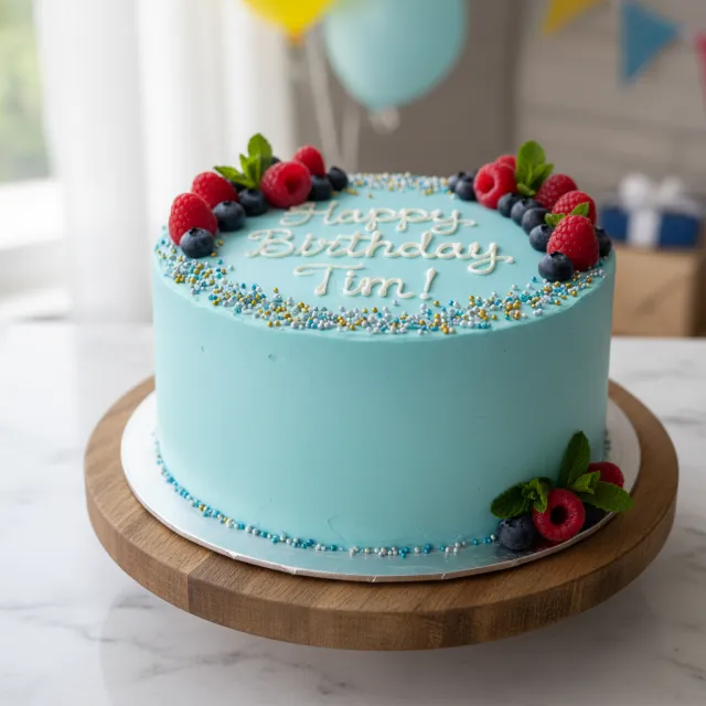 A birthday cake with icing that spells "Happy Birthday Tim!" on top, food photography… - Google Nano Banana (2.5 Flash)